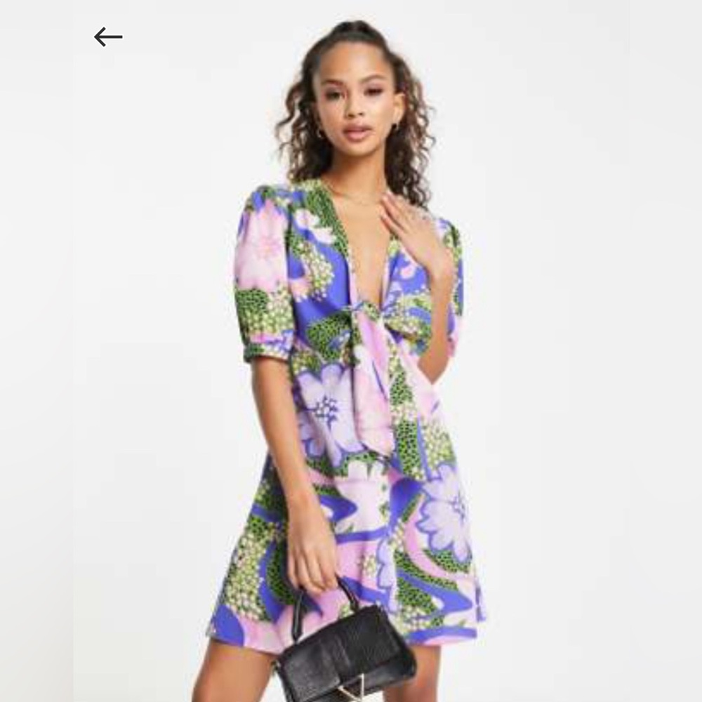 ASOS DESIGN tie front button up mini dress in mixed large and ditsy floral sz14